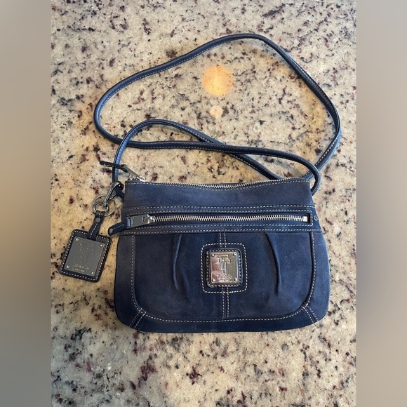Navy Blue suede Tignanello Crossbody Bag and keychain - Picture 1 of 7